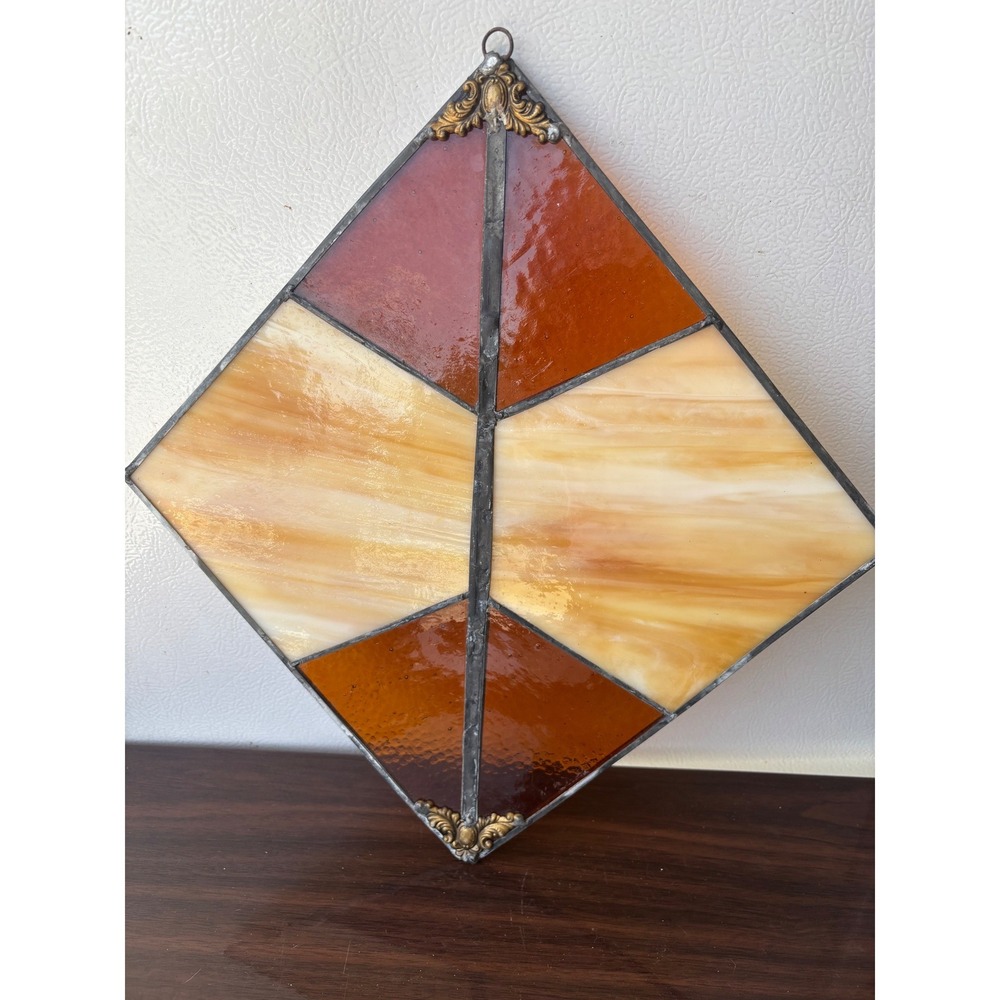 Vintage Stained Glass Suncatcher Amber Cream Slag Glass Diamond Geometric